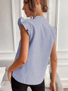 Blusa de mujer de verano casual con cuello con muesca a rayas y volantes en el bajo - Azul - Ver 2