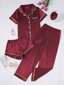 Conjunto de pijama de 3 piezas para mujer con cuello de seda falsa de unicolor y ribete contrastante - Burdeos 2 - Ver 3