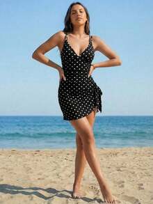 Swim Mod Vestido de baño con tirantes de mujer con pliegues y lunares para playa y vacaciones - Amarillo - Ver 11