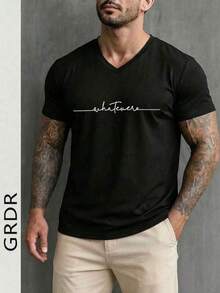 Camiseta Casual de Manga Corta con Cuello en V y Estampado de Letras para Hombre GRDR - Negro - Ver 8