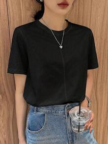 Camiseta de mujer de corte holgado con cuello redondo y manga corta con decoración de rayas de color block - Negro - Ver 5