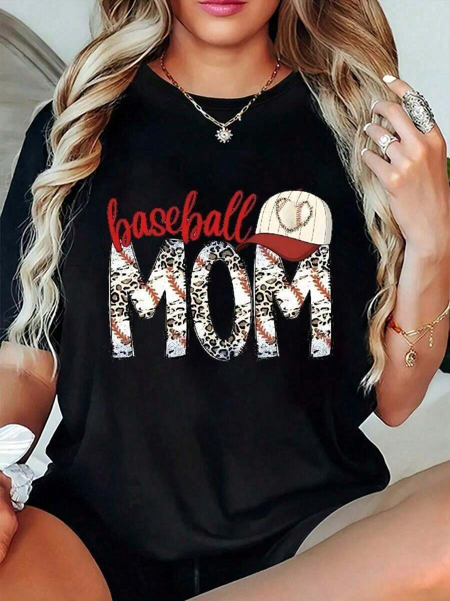 Algodón Camiseta De Béisbol Para Mujer, % Algodón, Talla, Cuello Redondo, Manga Corta, Tejido Elástico, Color Negro, Con Estampado De Leopardo, Diseño De Mamá E Ilustración De Gorra De Béisbol. - Negro - Ver 1