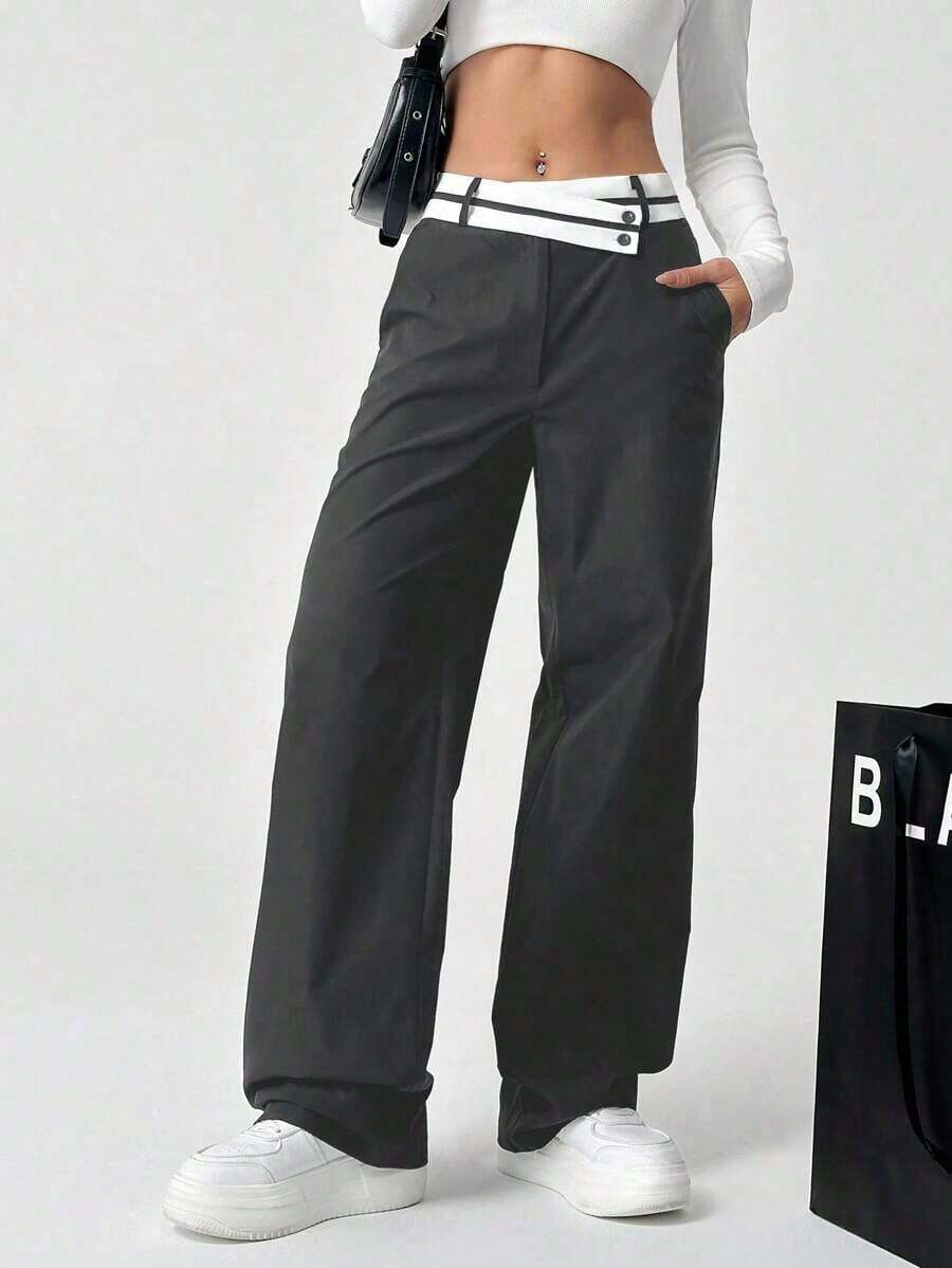 Pantalones rectos casuales para mujeres con bolsillos y cintura asimétrica en bloque de color - Gris - Ver 1