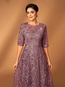 Elegante y lujoso vestido gris de encaje con escote en V, manga corta transparente y silueta evasé, con bordados de cuentas de strass, adecuado para bodas, fiestas, vacaciones, galas, eventos de noche, vestido de madre de la novia, Día de San Valent - Rosa vieja 2 - Ver 4