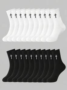 1/5/10/20 Pairs Men's Black & White Gothic Cross Mid-Calf Sports Socks, Soft & Comfortable, Moisture-Wicking & Breathable, Suitable For All Seasons. These Versatile Black & White Street Fashion Sports Socks Are Perfect For Sports, Running, Fitness And Daily Wear. - Multicolor - View 1