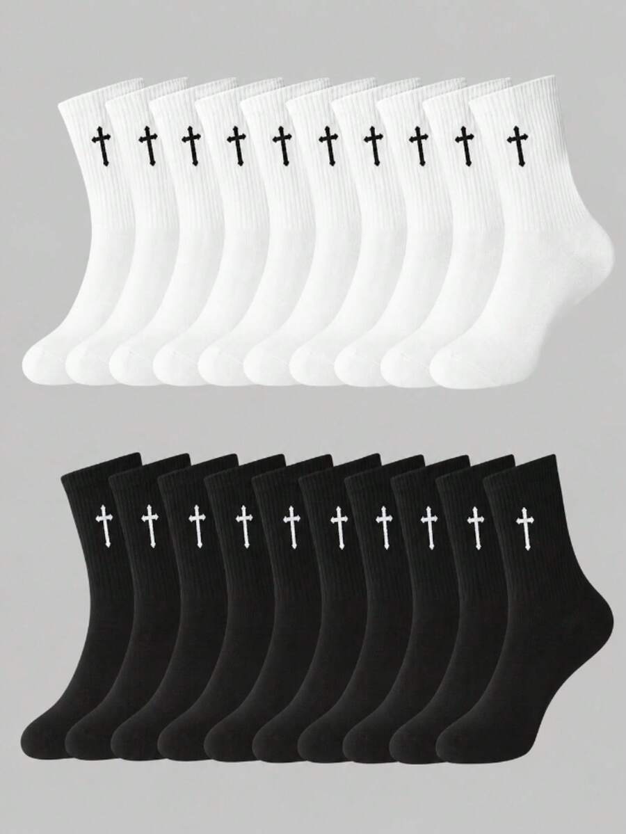 1/5/10/20 Pairs Men's Black & White Gothic Cross Mid-Calf Sports Socks, Soft & Comfortable, Moisture-Wicking & Breathable, Suitable For All Seasons. These Versatile Black & White Street Fashion Sports Socks Are Perfect For Sports, Running, Fitness And Daily Wear. - Multicolor - View 1