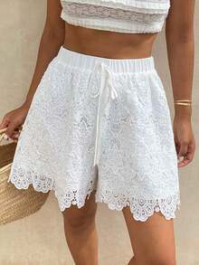 Pantalones cortos casuales de playa de encaje blanco con parches, adecuados para primavera y verano, vacaciones y bodas - Blanco 3 - Ver 3