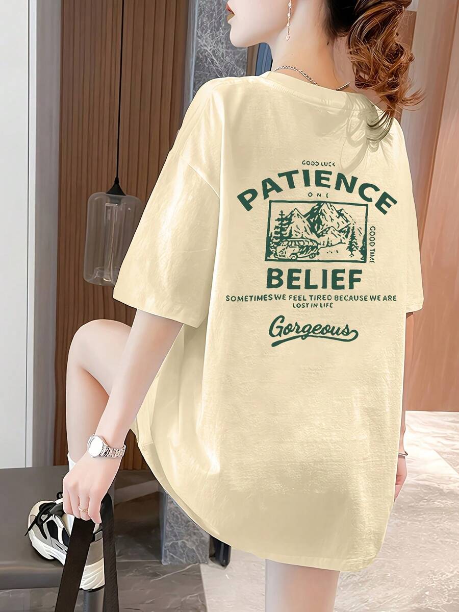 Women's Graphic T-Shirt With Y2K-Inspired Print, Round Neck And Short Sleeves, Ideal For Spring/Summer/Autumn, With Mountain And Star Design, Brown Color. - 杏 - 查看 1