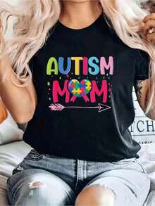 ModernMom Awareness Autistic Parents Solid Color T-Shirt With Autistic Graphic Print, Women's Casual Short Sleeve Top For Spring And Summer, Graphic Tees For Women, Casual Wear - 黑色 - 查看 1