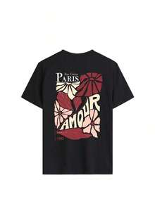 Camiseta de manga corta con cuello redondo y estampado floral "Paris Lover" en color crema para mujer, corte holgado informal, estilo parisino, estilo romántico, para paseos por la ciudad, citas nocturnas, temporada de flores de cerezo, ideal para brunch, primavera/verano. - Negro - Ver 3