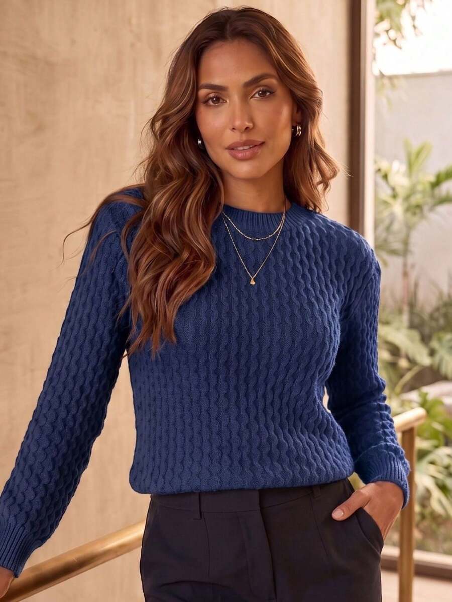 Women's Honeycomb Knit Sweater, Long Sleeve, Round Neck, Ribbed Cuffs, Winter Knit - Navy Blue - View 1