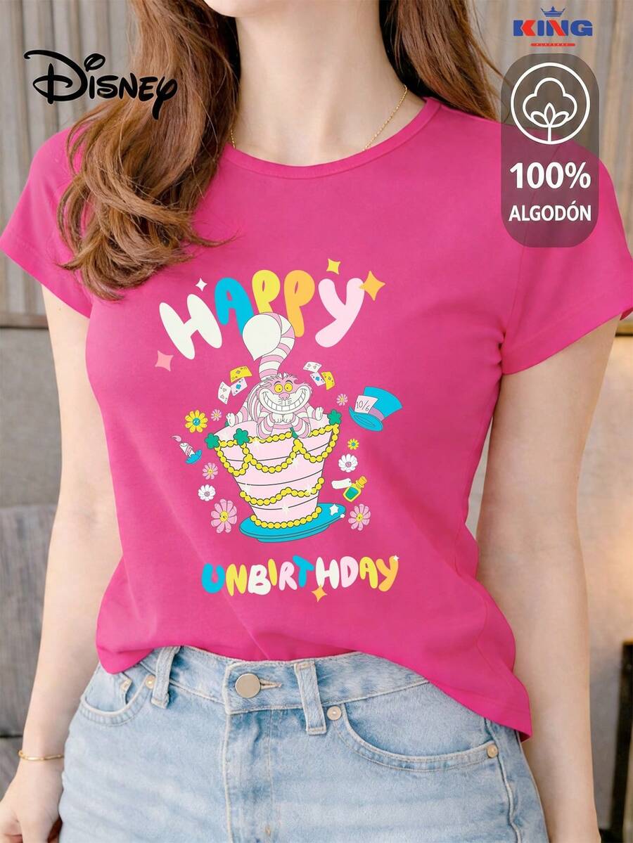 Women's T-Shirt Made Of 100% High-Quality Cotton, This T-Shirt Guarantees Exceptional Softness To The Touch, Round Neck With "Disney Cheshire Cat Happy Unbirthday" Print And Short Sleeves - 紫紅色-Est-白色 - 查看 1