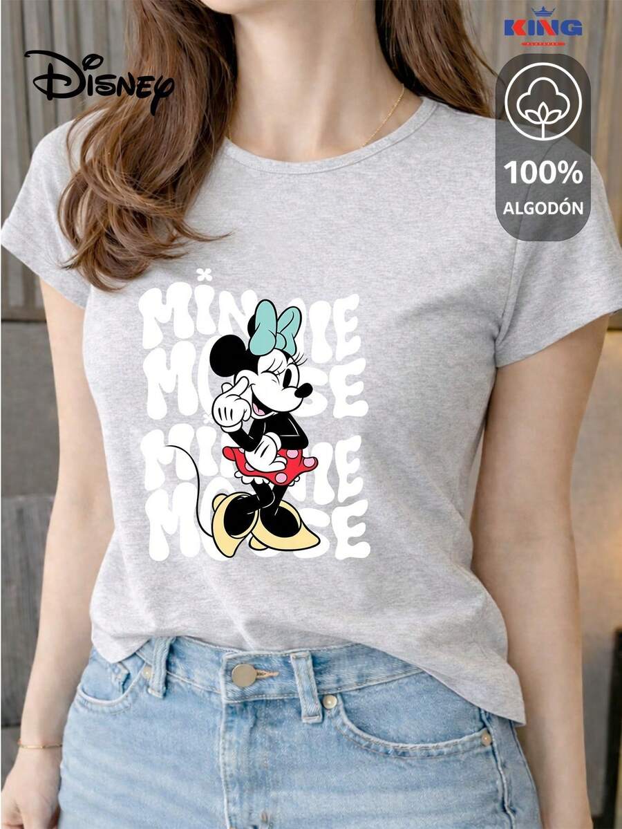 Women's T-Shirt Made Of 100% High-Quality Cotton. This T-Shirt Guarantees Exceptional Softness To The Touch, A Round Neck With A "Disney Minnie Mouse Retro Typography" Print, And Short Sleeves. - 淺灰-東-白 - 查看 1