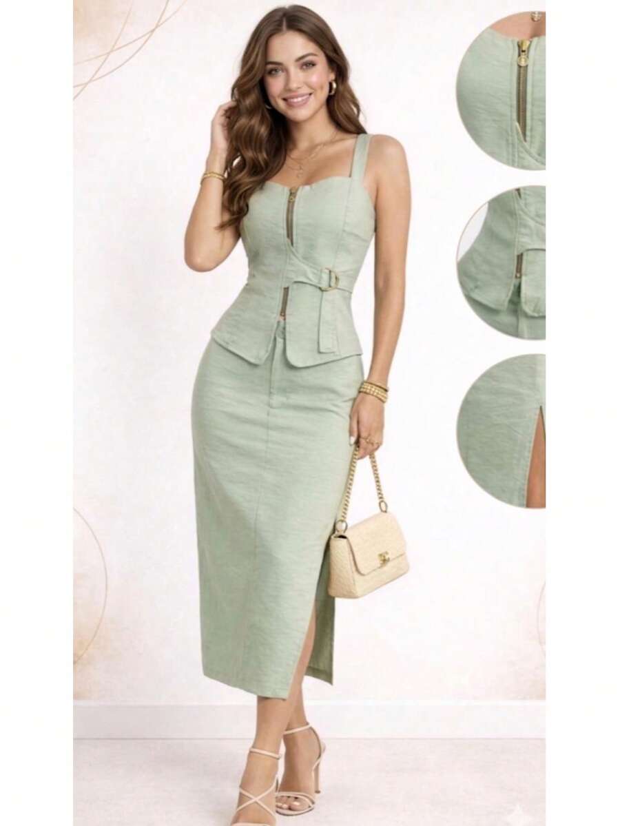 Two-Piece Set: Tank Top With Zipper + Long Skirt With Side Slit, Elegant And Chic. - verde menta - Ver 1
