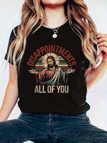 100% Cotton, 1 Piece T-Shirt "Disappointments Sarcastic Of You Christian Jesus" - Women's Clothing, Graphic Print T-Shirt For T-Shirt Lovers, For All Seasons, 210g 100% Cotton, Designs Are Printed. Unisex. Simple Solid Color Women's T-Shirt, Loose Fit, Casual Short Sleeve. - 黑色 - 查看 7