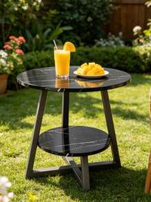 Double-Layer Compact Wooden Patio Coffee Table, Outdoor Garden Balcony Side Table, Minimalist Style Outdoor Leisure Table, Space-Saving Small Size Coffee Table, Suitable For Outdoor Decorative Furniture, Convenient For Home And Outdoor Use, Compact And Doesn't Take Up Much Space, Suitable For Various Scenes Such As Patios, Balconies, And Terraces, And Has A Versatile And Stylish Look. - Black - View 2