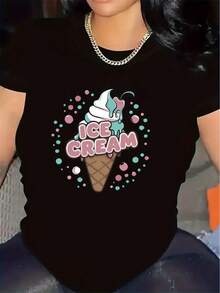 Short-Sleeved T-Shirt With Ice Cream Print, Suitable For Casual Dining At Restaurants, Made Of Durable And Lightweight Material, Ideal For Everyday Wear And Offering A Comfortable Fit For Indoor And Outdoor Activities. - 白色 - 查看 7