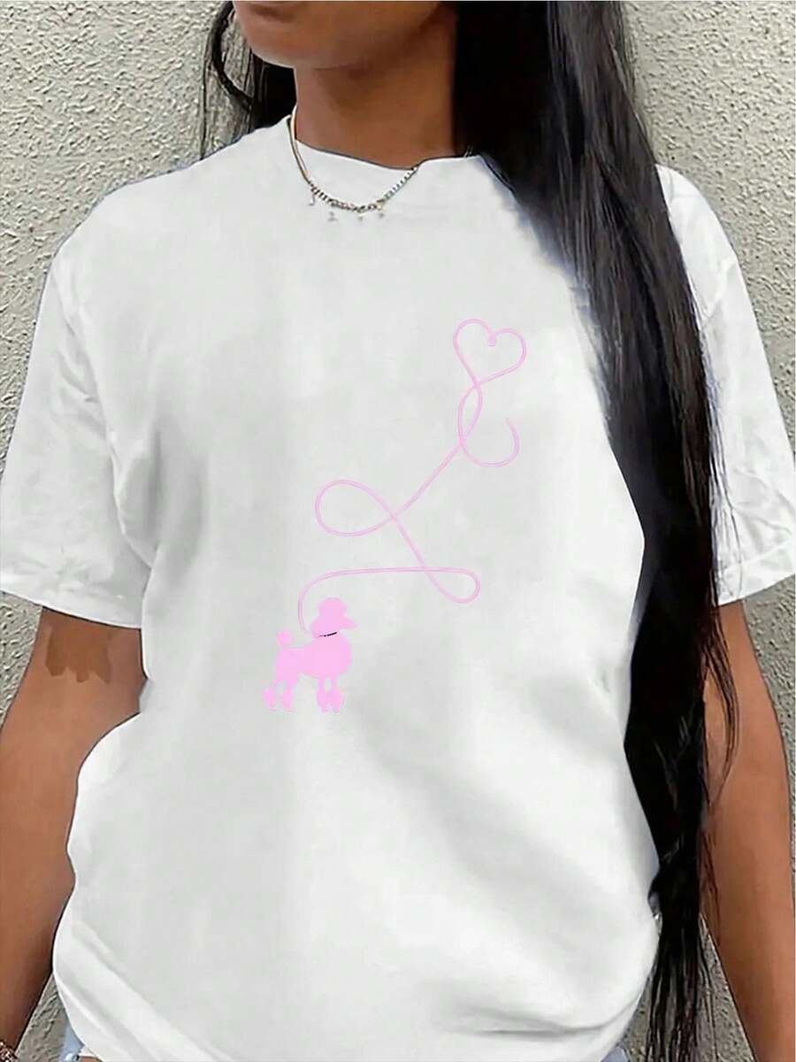 This Lightweight And Durable Short-Sleeved T-Shirt, Featuring A Pink Ferret And Heart Design, Is Perfect For Relaxing At Home, Going To Cafes, Or Enjoying Outdoor Activities, Offering A Comfortable Everyday Wear Experience. Women's Blouses > Clothing - 白色 - 查看 1