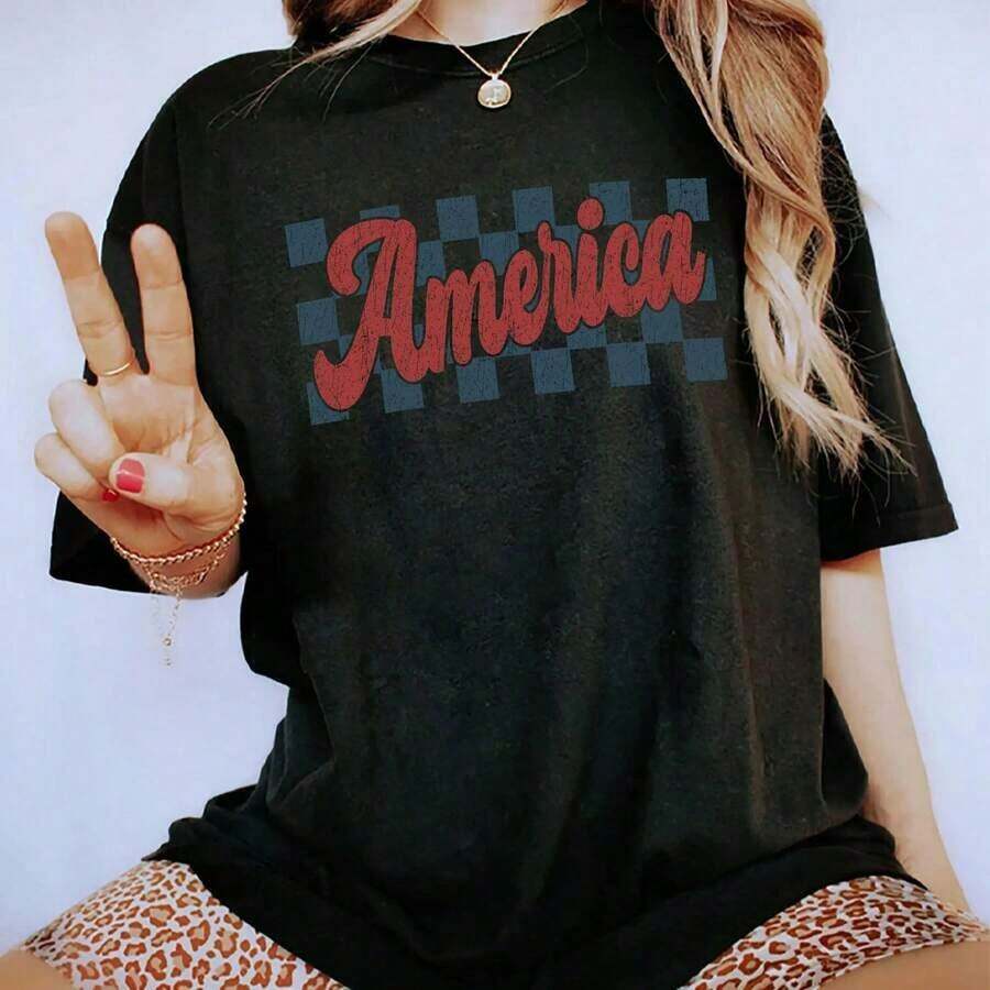 Camisa Suave Retro a Cuadros de Estilo Americano, Camisa Vintage Americana para Mujer, Camiseta del 4 de Julio, Camiseta a Cuadros de Estilo Americano, Camiseta Patriótica Americana, Camiseta del Día de la Independencia, Camiseta del 4 de Julio, Blusas Casuales para Mujer, Camiseta Holgada de Algodón Cómoda, Estilo Chic de Corte Relajado O9EK, blusas casuales, playeras de mujer algodón - Negro - Ver 1