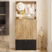 Moderner Schuhschrank mit Haken, 3 klappbaren Aufbewahrungsfächern, geeignet für den Flur, Naturholzoptik + Schwarz, Maße: B75/H180/T24 cm - Kastanienbraun - Übersicht 3