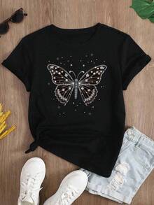 Women's Oversized Black Summer 2026 T-Shirt With Rhinestone Bow. Oversized Black T-Shirt With A Sparkly Bow, Ideal For Casual And Evening Outfits. - YH607-黑色 - 查看 2