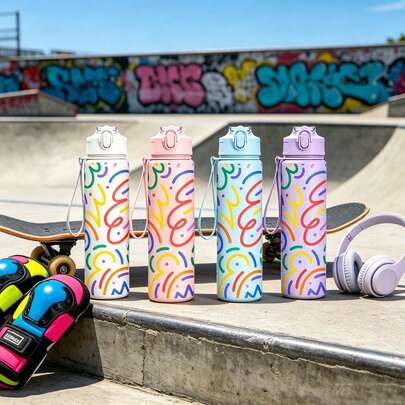 1pc 750ml/26oz 3D Printed Colorful Stripe Sports Water Bottle With Straw, 5 Color Options, Portable With Handle Strap, Compact & Durable, Suitable For Outdoor, Travel, Camping, School, Office, Birthday Gift