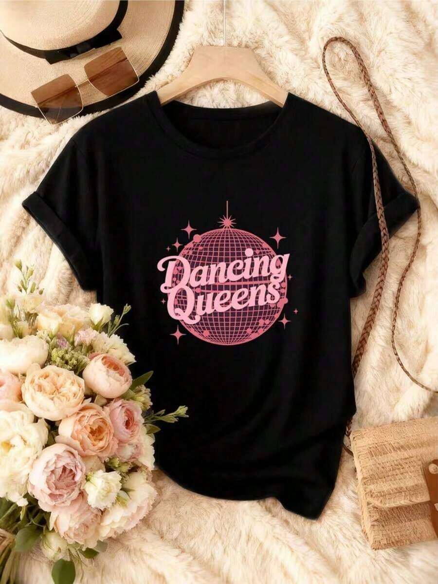 Men's 100% Heavyweight Cotton T-Shirt - Short Sleeves, Printed With A 'Dancing Queens Retro Disco Ball' Design, Machine Washable, Breathable, And Comfortable To Wear. Suitable For Girls' Nights Out, Music Festivals, Holiday Parties, Daily Commutes, Outdoor Trips, And Can Also Be Worn In Spring, Summer, And Fall. A Hit! - 黑色 - 查看 1