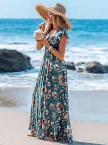 Vestido largo de línea A con mangas de campana, cintura con cordón y dobladillo con volantes, estampado de colocación, vestido de vacaciones informal para mujer - Multicolor 5 - Ver 3