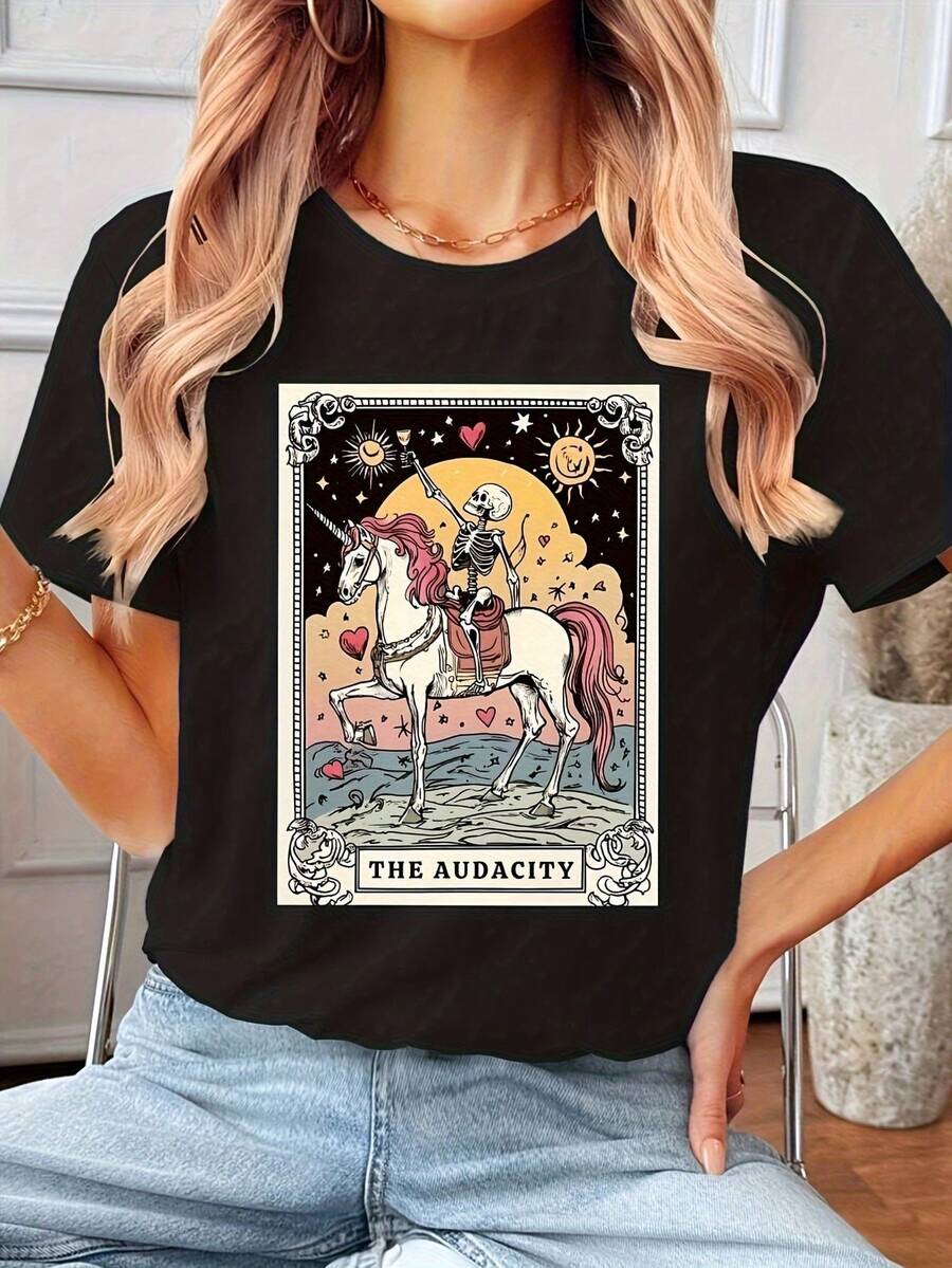 Camiseta de Mujer con Estampado Artístico de Calavera, Unicornio y Tarot - Estilo Casual, Cuello Redondo, Manga Corta, Top de Moda Primavera/Verano con Diseño Místico, Camiseta de Unicornio - Negro - Ver 1