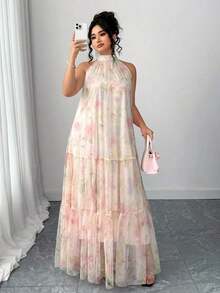 Vestido de malla floral sin mangas elegante para mujer de talla grande - Beis - Ver 5