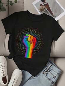 Women's Casual Loose Fit T-Shirt With Rainbow Fist Pride Symbol Graphic Print For Everyday Wear And LGBTQ Events - Black - View 2