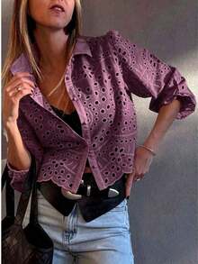 Camisa de verano con volantes bordados y nudo delantero de unicolor para vacaciones - Color caoba - Ver 4