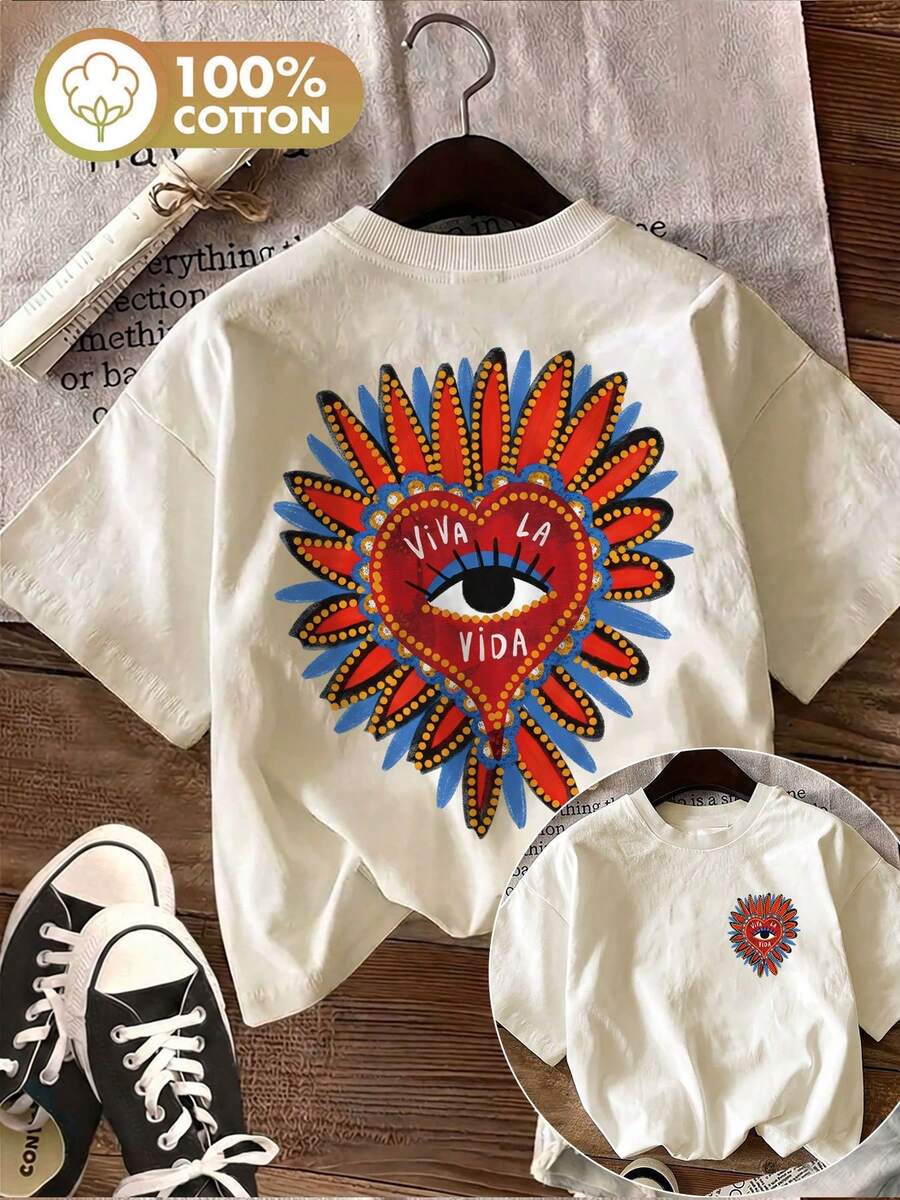 [Double-Sided Printing] Women's Bohemian Style Short-Sleeved Pure Cotton T-Shirt With Round Neck And Heart Eyes And Petal Print, Casual Summer Style. - 杏色 - 查看 1