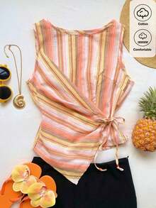 Blusa casual y versátil de uso diario con rayas para mujer - Naranja - Ver 9