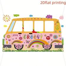 1pc 2D Hollow Design Vintage Hippie Bus Background Banner, Featuring Vibrant Colorful Graffiti Elements Like Rainbow, Flowers, Hearts, Butterflies, Peace Signs, Music Notes, Exuding A Retro Playful And Free Spirit Vibe. Made Of Polyester Fiber Material, Suitable For Children's Birthday Parties, Retro Themed Gatherings, Holiday Decorations, And Home Parties. - A - View 2