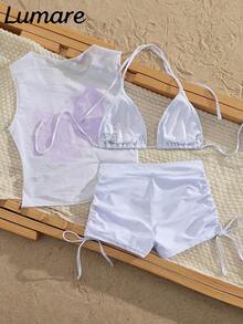 Conjunto de bikini de 3 piezas/set: Top halter casual y sexy con cubierta de malla floral transparente, Bottom de traje de baño con lazos laterales, tela con estiramiento moderado, adecuado para vacaciones, playa, actividades en la piscina, fiestas en la playa, vacaciones de verano - Multicolor 5 - Ver 2