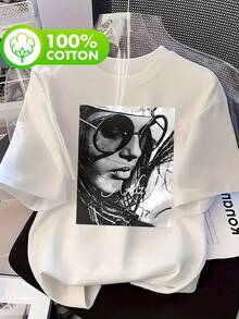 Camiseta de Mujer con Estampado Gráfico de Retrato 100% Artístico, Manga Corta, Cuello Redondo, Estilo Casual, Adecuada para Verano y Primavera, Camisetas para Salir de Mujer - Negro - Ver 10