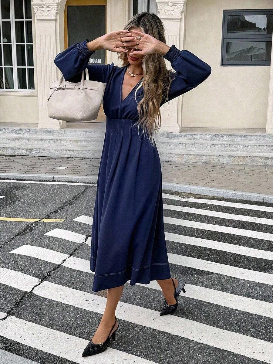 Frenchy Vestido midi elegante de moda con escote en V profundo y cintura para mujer, para el verano - Azul marino - Ver 1