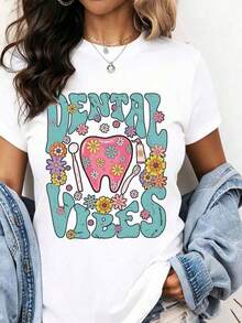 Under The Radar Dental Vibes Floral Tooth Design T-Shirt For Dentists And Dental Hygienists, Fun Gift For Dentistry Lovers, Casual Summer Wear - Vintage Urban Style, Unisex, Cotton, Short Sleeve, Crew Neck - 白色 - 查看 1