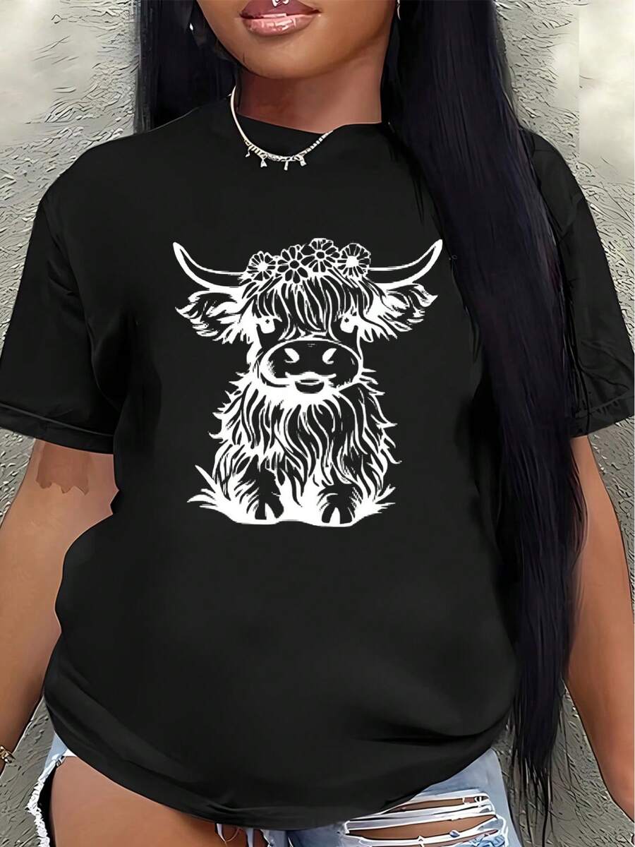 Lightweight And Durable Polyester Short-Sleeved T-Shirt With A Highland Cow Print, Suitable For Casual Wear At Home Or In Restaurants, Comfortable And Fitted For Everyday Use. Women's Casual Blouse - 黑色 - 查看 1