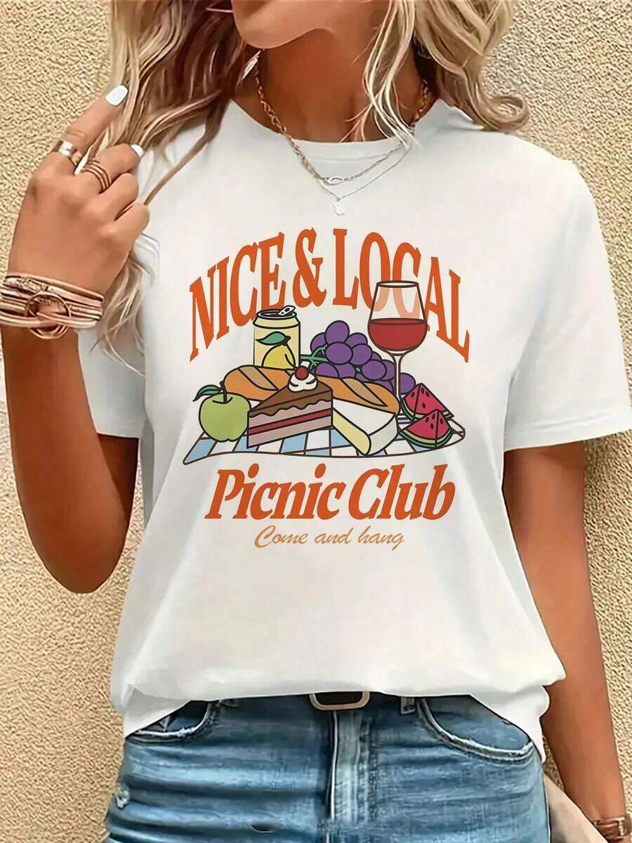 Gift Women's Picnic Theme T-Shirt - Short Sleeve, Round Neck With Local Food Print (Cheese, Wine, Bread) - Breathable And Stretchy Casual Top For Outdoor Lunches, Farmers Markets And French Country Style Outfits - 100% Cotton Soft - 白色的 - 查看 1