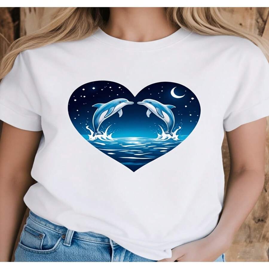 Camiseta de Mujer con Estampado de Corazón de Delfín, Diseño Romántico de Noche en el Océano para Vacaciones en la Playa, Ropa de Verano 2D, Camiseta Casual de Mujer, Diseño Holgado Ligeramente Extendido S-XXXL - Blanco - Ver 1