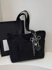 Simple Solid Color New Popular Quilted Tote Bag In Spring And Summer, Lightweight, Practical And Large Capacity With Body Patch Pockets, Shoulder Bag, Zipper Switch, Double Shoulder Straps, High-Value Armpit Bag, Suitable For Commuting To Work, School, Class, Shopping And Storage - Black - View 9