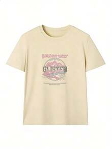 Pink Mountain T-Shirt With "GOLDEN WEST" Text,  Short-Sleeved T-Shirt For Spring And Summer 2026, Made In Mexico, 180 Grams. Cartoon Print, Couple Design, Suitable For Indoor Or Outdoor Wear. Crew Neck, Unisex, Ideal For Office And Leisure. One-Pack. - APR-P631577SLNDXZGY646 - 查看 2