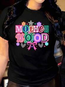 Camiseta de mujer con estampado de maternidad con flores, corazones y estrellas, cuello redondo informal, manga corta, adecuada para uso diario al aire libre, perfecta para todas las estaciones. - Negro - Ver 10