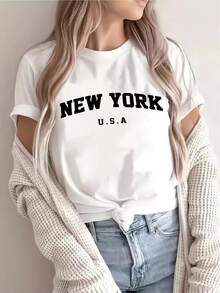 Nueva Camiseta de Moda para Mujer con Cuello Redondo y Estampado de Letras de Nueva York, Camiseta de Manga Corta para Mujer, Ropa Casual de Primavera y Verano, Blusa Moderna y Elegante, Diseño Versátil Listo para el Verano. - Blanco - Ver 5