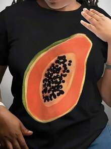 1 Piece Of Women's Papaya Fruit Print T-Shirt, Summer Casual Wear, Fun Food Print T-Shirt, Is A Perfect T-Shirt To Give To Friends And Family On Any Holiday Or Special Occasion, 180g 100% Cotton. - 黑色 - 查看 8