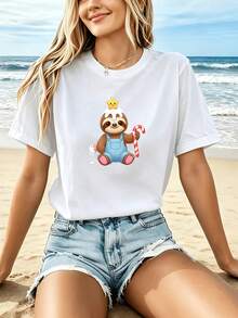 Camiseta Estampada para Mujer con Divertido Diseño de Perezoso y Bastón de Caramelo - Camiseta Casual de Manga Corta y Cuello Redondo en Color Blanco, con un Corte Relajado para Todas las Estaciones, Perfecta para el Uso Diario y Atuendos de Vacaciones (Lavable aáquina). - Blanco - Ver 7