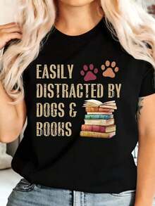 Casual T-Shirt With A Paw Print And A Stack Of Books, Ideal For Book Lovers And Dog Owners Who Are Easily Distracted By Both Dogs And Books, For Everyday Wear. Women's Casual Blouse - 黑色 - 查看 4
