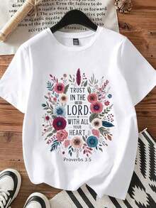 Women's T-Shirt With Floral Print And Bible Verse: Trust In The Lord With All Your Heart (Proverbs 35). Inspired By Christian Faith, Casual Wear For Everyday Life And Church. - 白色 - 查看 4